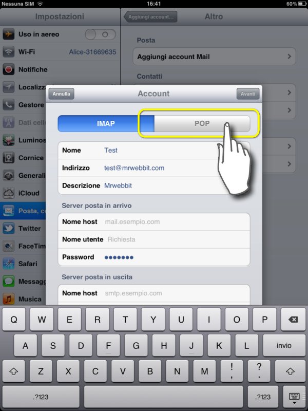 configurare mail su ipad 2, selezioniamo il protocollo POP o POP3