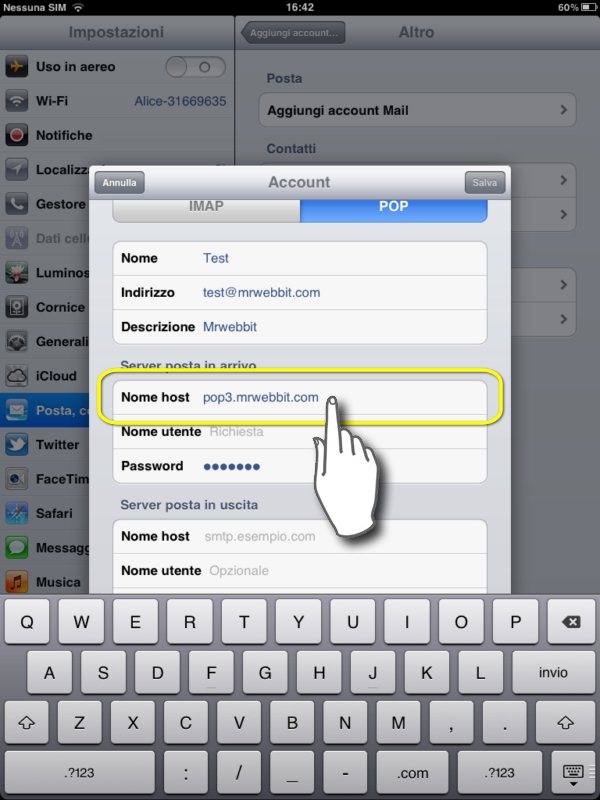 configurare mail su ipad 2, mettiamo il nome del server POP o POP3
