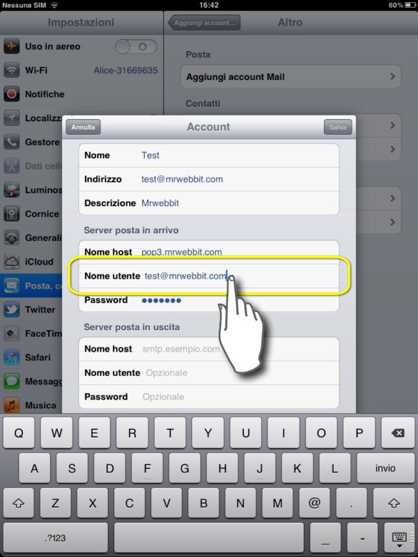 configurare mail su ipad 2, inseriamo il nome utente relativo al nostro account POP