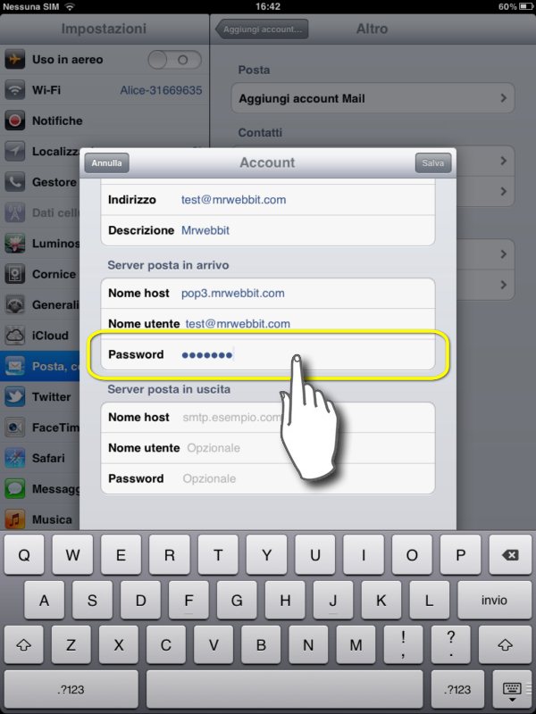 configurare mail su ipad 2, inseriamo la password dell'account POP