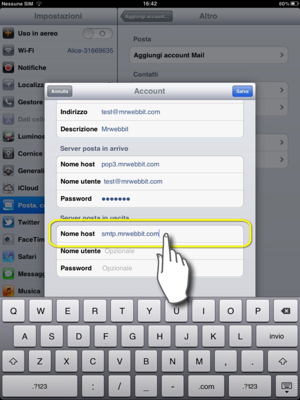 configurare mail su ipad 2, specifichiamo l'indirizzo del server SMTP