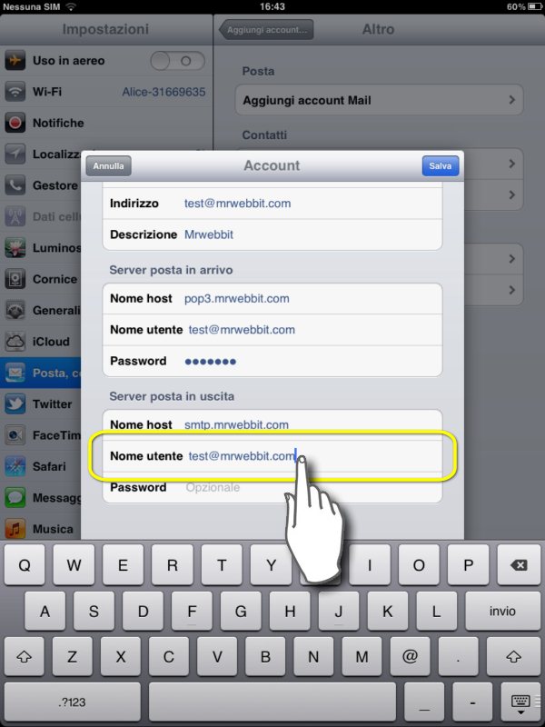 configurare mail su ipad 2, inseriamo il nome utente del server SMTP