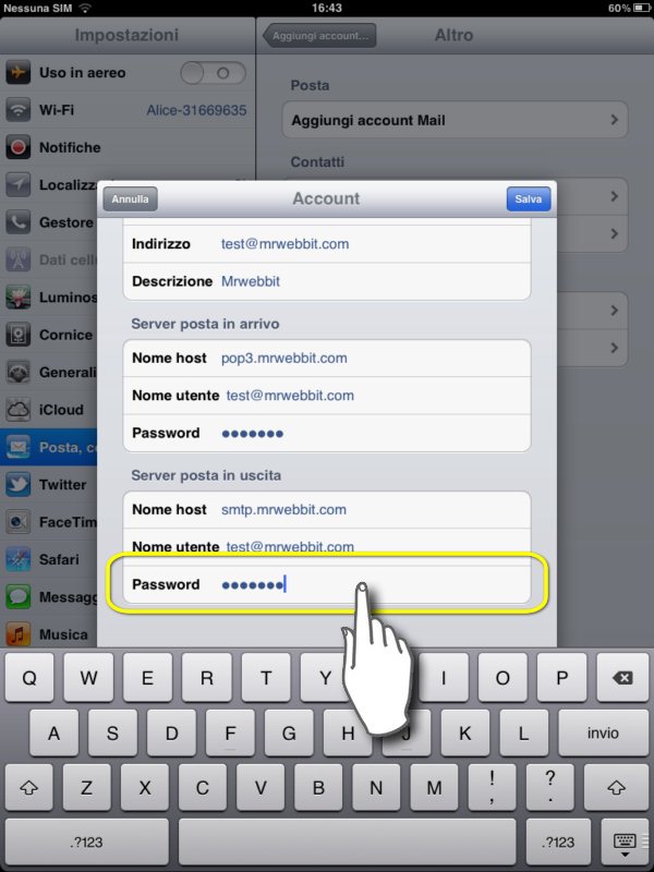configurare mail su ipad 2, inseriamo la password per il nostro account SMTP