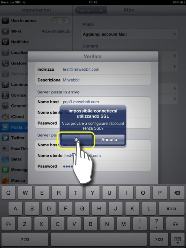 configurare mail su ipad 2, rispondiamo SI alla richiesta del server SSL