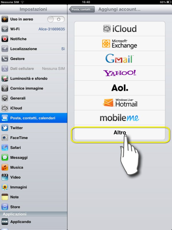 configurare mail su ipad 2, selezioniamo altro tipo di account