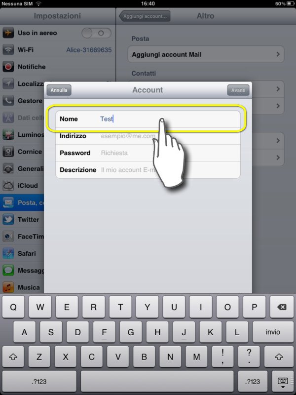 configurare mail su ipad 2, inseriamo il nostro nome