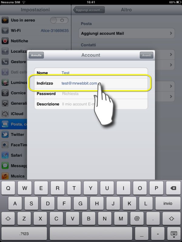 configurare mail su ipad 2, inseriamo il nostro indirizzo di posta