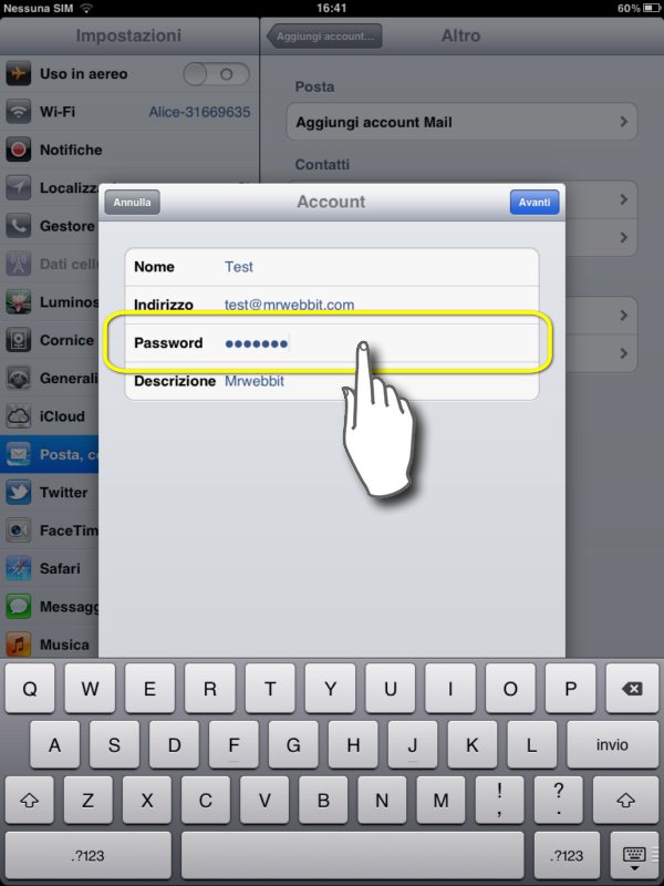 configurare mail su ipad 2, inseriamo la nostra password segreta